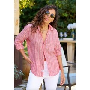 Frank & Eileen Pink Berry Striped Linen Button Down Shirt